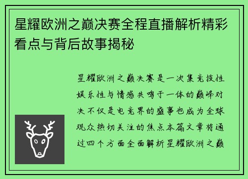 星耀欧洲之巅决赛全程直播解析精彩看点与背后故事揭秘